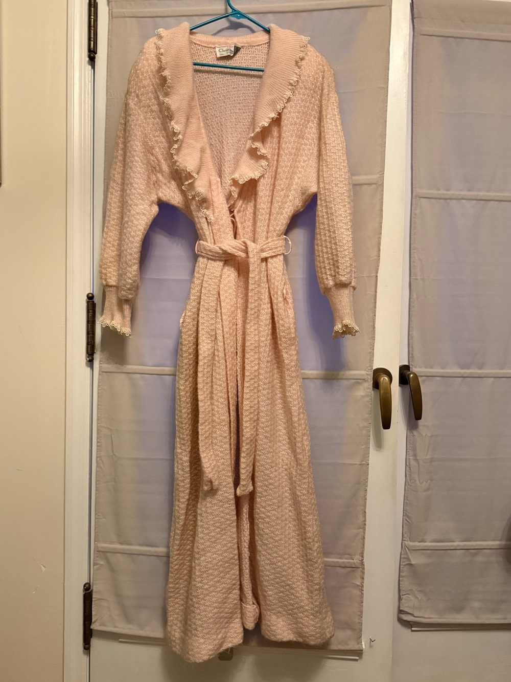 Vintage Christian Dior Pale Pink Knit Robe with Ruffle Trim
